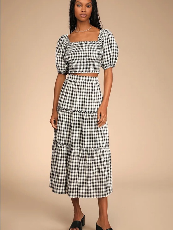 Lulus Dresses & Skirts - Sweet Together Black and Ivory Gingham Tiered Midi Skirt & Blouse TWO PIECE SET